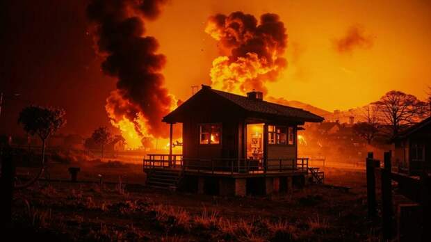 Горящая баня, пожар / Изображение сгенерировано ИИ FusionBrain.AI от Sber AI / amic.ru