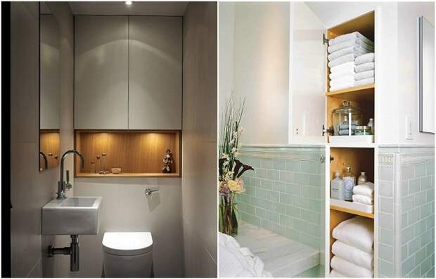 Ниши и открытые полки можно подсветить и хранить там полотенца
