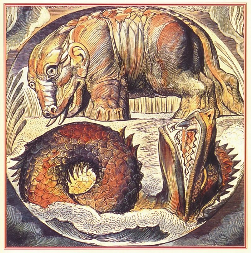 Бегемот и Левиафан. Художник Уильям Блейк. Источник: http://dragons-nest.ru/dragons/rasa_drakonov/dragons-evolution.php?sphrase_id=740082
