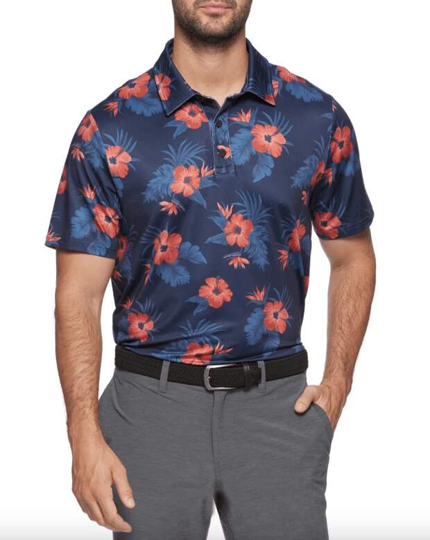 MVP Tampa Hibiscus Print Polo; shop Keegan Bradley golf apparel at Flag & Anthem
