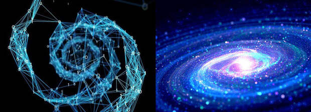 На фото: Слева - Спираль ДНК; Справа - Спираль Галактики Млечный путь. /Данное изображение создано мной из нескольких фотографий, взятых из открытых источников/