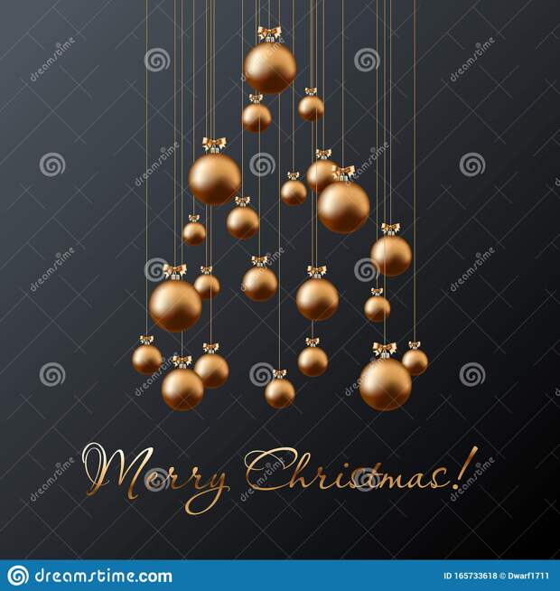 Christmas tree from gold balls and Merry Christmas golden handwritten calligraphic lettering on black background. Square social media post or banner vector template.