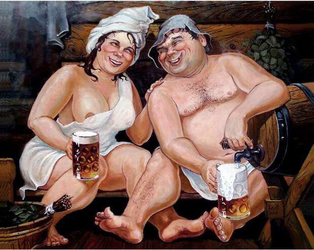 с пивом и голой женщиной в бане