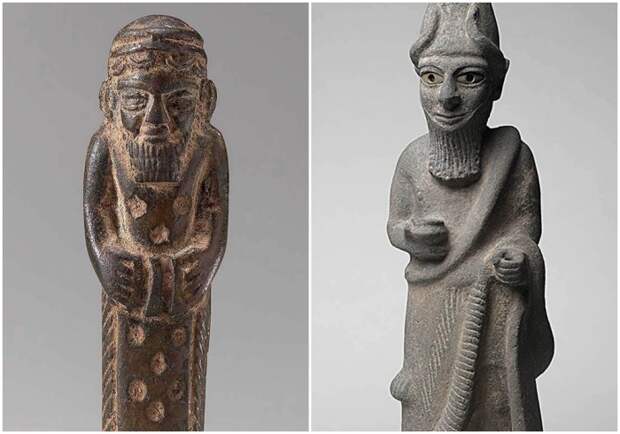 Слева направо: Хеттская бронзовая Обетная фигурка мужчины, начало первого тысячелетия до н. э. \ Скульптура, изображающая царя-жреца или Божество, около 1600 года до н. э.