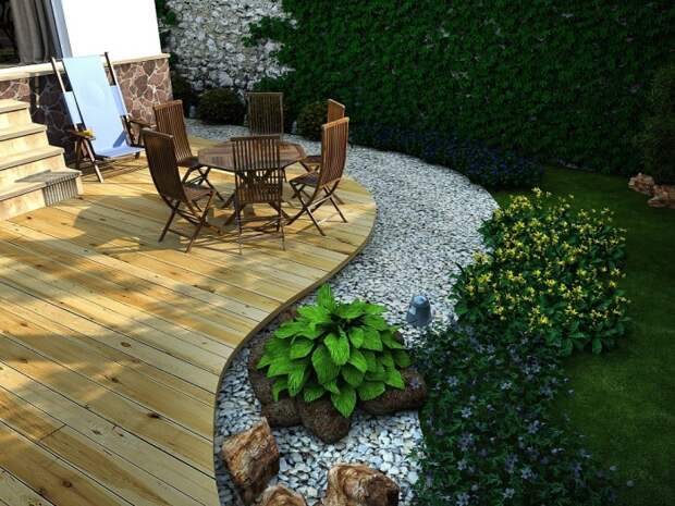 Правильный и гармоничный переход от натурального дерева к искусственному камню в ландшафтном дизайне садового участка. 