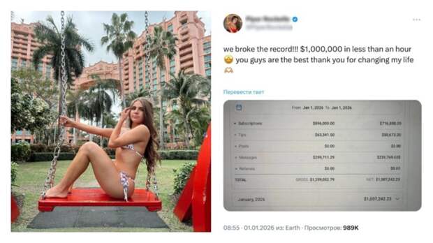 Создательница контента для взрослых заявила о заработке в $1 млн за час в новогоднюю ночь