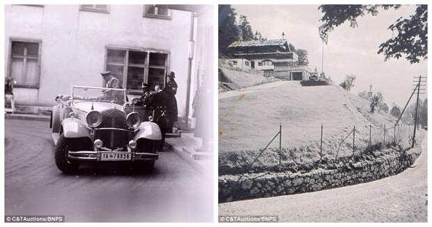 Герман Геринг садится в автомобиль (слева), въезд в резиденцию Гитлера Бергхоф (справа) адольф гитлер, гитлер, исторические фотографии, ретрофото, фотоальбом