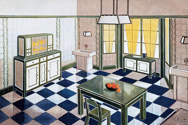 Эс­киз кух­ни в сти­ле ар-де­ко ди­зай­нер Ре­не Га­б­ри­эль опуб­ли­ко­вал в жур­на­ле Interieurs en Couleurs в 1925 го­ду.