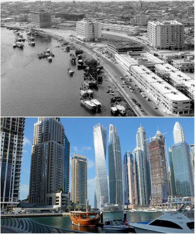 Набережная Дубаи в середине прошлого века и сейчас. | Фото: kartam47.livejournal.com/ tury.ru.