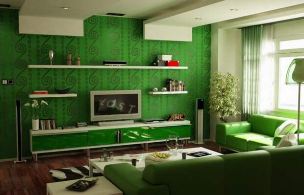 Зеленый и белый цвет в гостиной