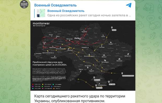 ТАК ПРОТИВНИК ВИДИТ ОСНОВНЫЕ ПУТИ РАКЕТ И РАЙОНЫ ПУСКОВ. СКРИНШОТ С ТГ-КАНАЛА "ВОЕННЫЙ ОСВЕДОМИТЕЛЬ"