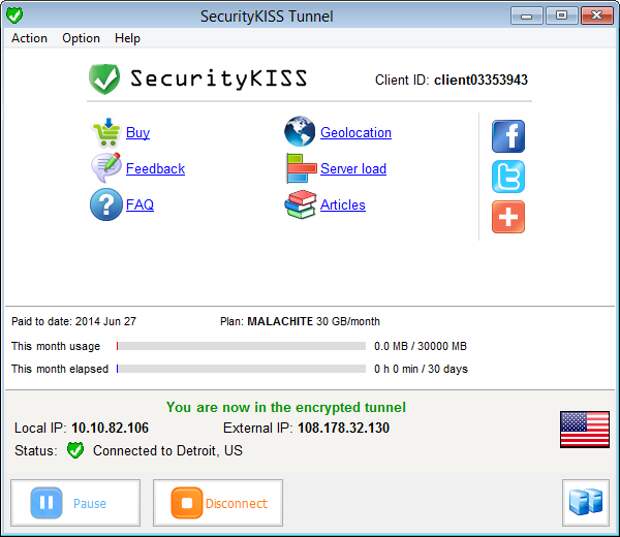 SecurityKISS Tunnel - 30 GB/месяц на 3 месяца бесплатно