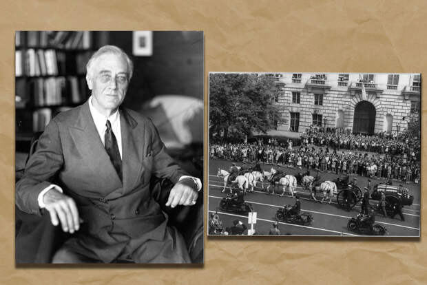 Последняя фотография Рузвельта, созданная за день до его смерти (слева). Похоронная процессия Рузвельта в Вашингтоне (справа). Коллаж © L!FE Фото: © wikipedia.org