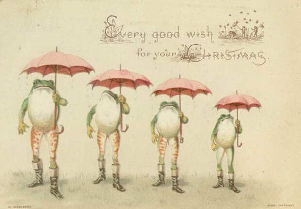 Лягушки с красными зонтами выстроились по росту в ряд.