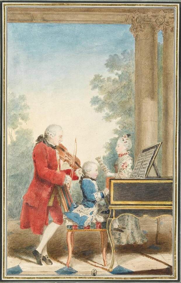 Леопольд, Вольфганг и Наннерль. Акварель Кармонтеля. Париж, 1763—1764 год
