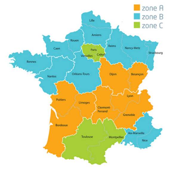 Франция разделена на зоны, даты каникул в разных зонах не совпадают