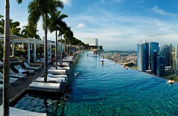 Сад и бассейн на крыше отеля Marina Bay Sands в Сингапуре