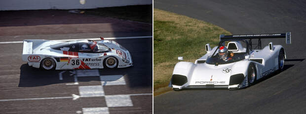 Слева: Мауро Бальди ведет Dauer 962 Le Mans Porsche к победе в «24 часах Ле-Мана» ‘94. Справа: TWR-Porsche WSC95 на тестах.