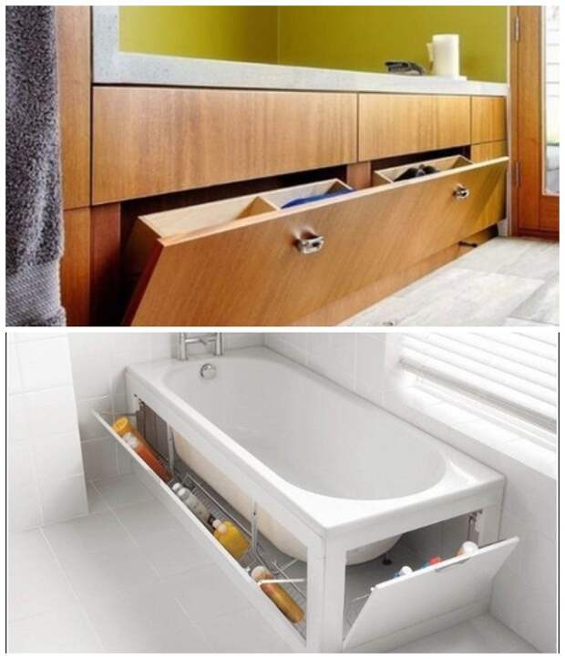 Откидные ящики под ванной позволят иметь все банные принадлежности под рукой.