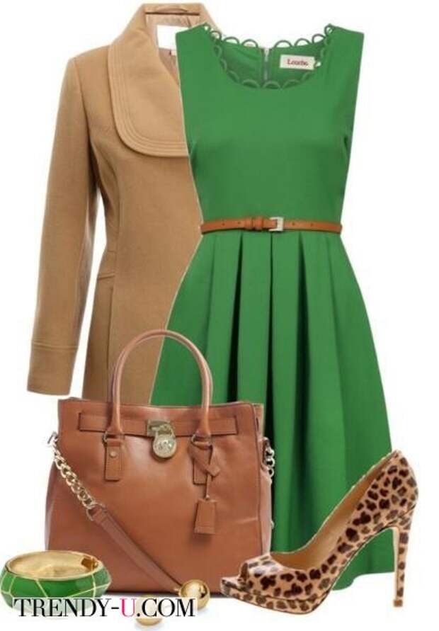 Сочетание зеленого цвета с бежевым в одежде