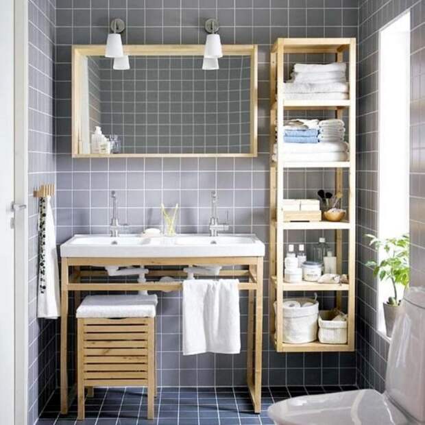 cool-small-bathroom-design-ideas-with-wooden-bathroom-shelving-units-and-wall-sconce-also-grey-wall-tiles-bathroom-915x915