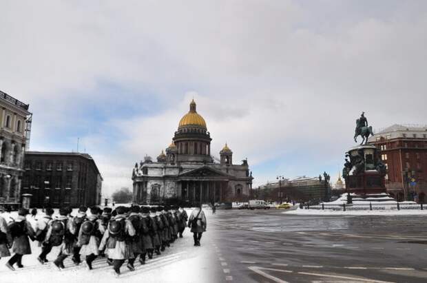 Ленинград 1942-2010 Исаакиевская площадь. Бойцы в полушубках с касками ПВО блокада, ленинград, победа