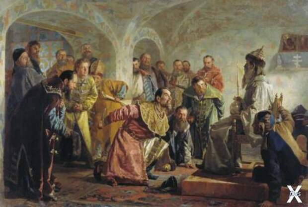 Обвинённого в измене боярина Фёдорова-Челяина Иван Грозный заставил надеть царские одежды и сесть на трон. Сам же поклонился ему, после чего ударил ножом