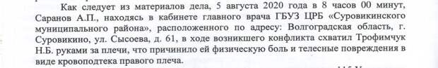В Волгоградской области главный врач Суровикинской ЦРБ Алексей Саранов на утренней планёрке нанёс травмы своей 41-летней заместительнице Наталье Трофимчук. Женщина отказалась покидать совещание по требованию главврача, и он попытался вытолкать её силой. У Трофимчук остались гематомы на плечах, из-за перенесенного стресса она попала в больницу с гипертоническим кризом. Замглавврача обратилась по этому поводу в правоохранительные органы и облздрав. Об этом сообщил «Блокнот».