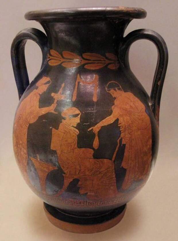Краснофигурная пелика вазописца Полигнота. Юноша рассчитывается с гетерой. Ок. 430 г. до н. э.