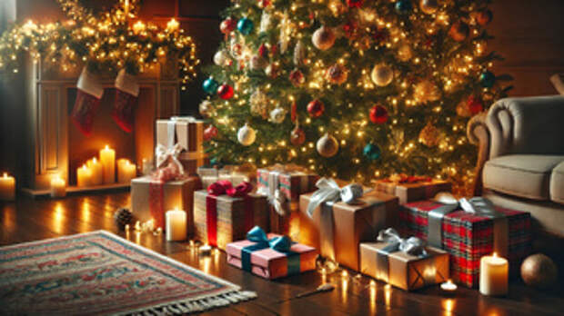 Новогодняя елка. Подарки /  Изображение сгенерировано нейросетью DALL-E / amic.ru