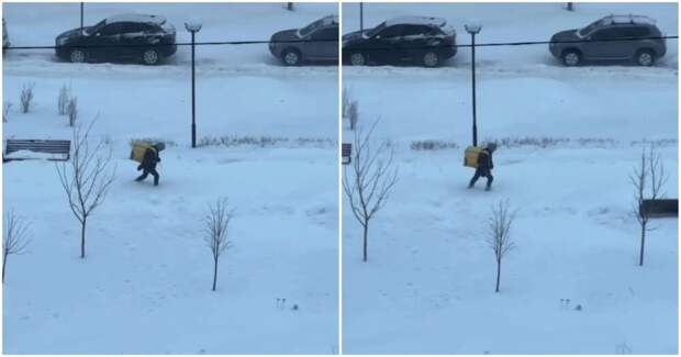 Курьер спешит к клиенту по сугробам