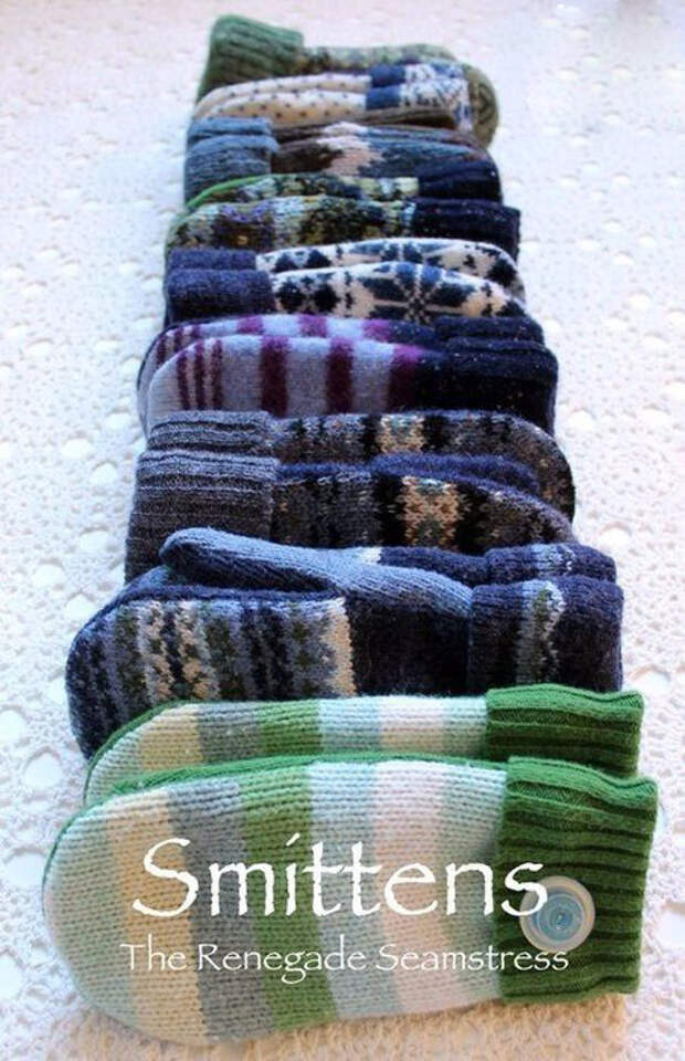 Теплые рукавички из старых свитеров 5