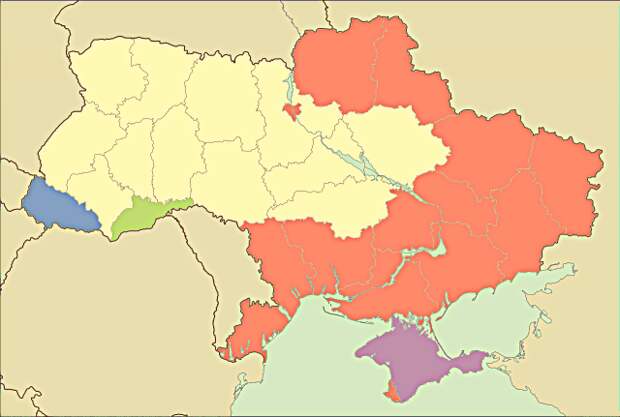 Языки, используемые на Украине, опрос Киевского международного института социологии, 2017 год, данные по макрорегионам (красный — русский. сиреневый — русский и крымско-татарский)