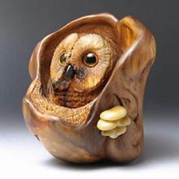 Netsuke - "The Watchful Owl" - Owls hunt mice, mice eat mushrooms, mushrooms destroy trees, and trees can absorb the remnants of a dead owl... A spider had stretched its web and any careless creature will be captured and eaten alive! Carved from Crimean Juniper with eyes made of inlaid amber.