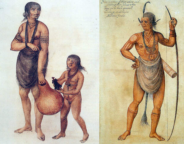 Мать с ребёнком и воин индейцев племени Secotan. Акварель кисти Джона Уайта, 1585 год.