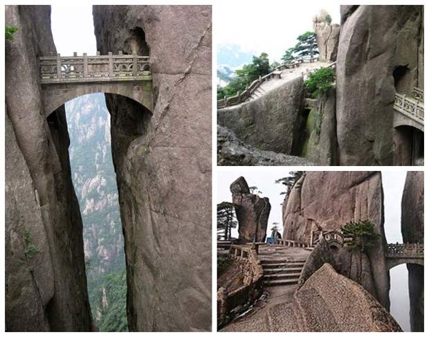 К мосту Бессмертных ведут опасные извилистые тропы над пропастью (Huangshan, Китай).