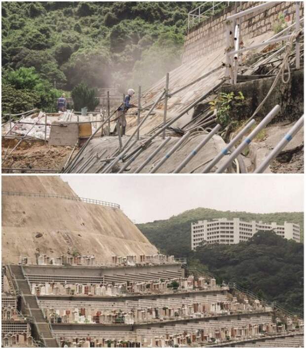 Процесс создания террас для вертикальных некрополей очень сложный и опасный (Гонконг). | Фото: insider.com/ Finbarr Fallon.