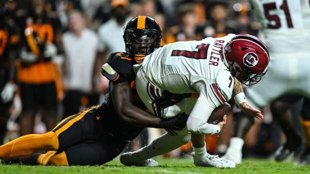 Spencer Rattler is sacked by a Tennessee defender during a 41-20 loss to the Vols.