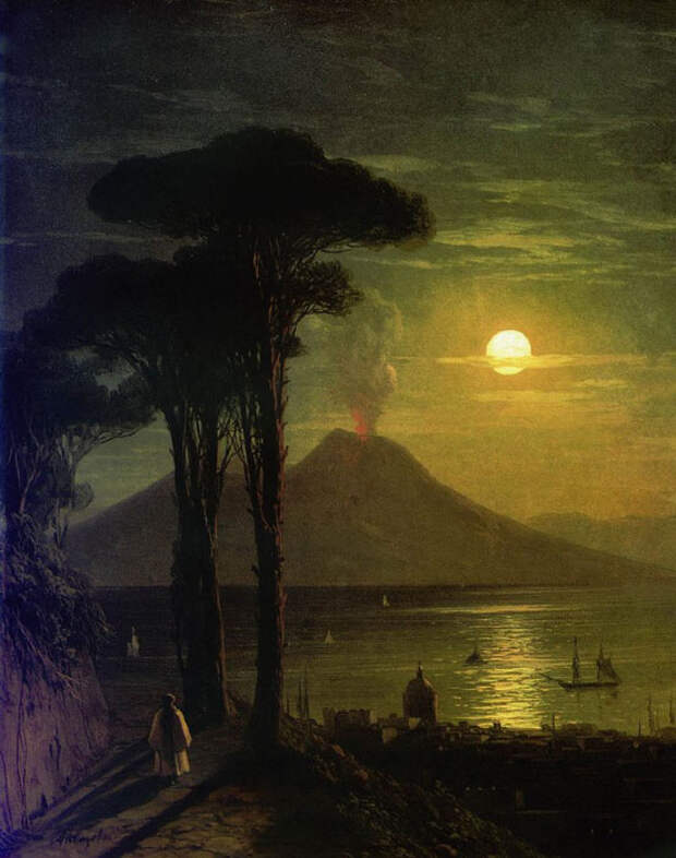 Неаполитанский залив в лунную ночь. Везувий. начало 1840 год. 