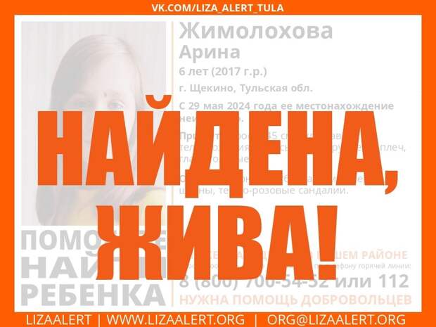 В Тульской области пропавшая 6-летняя девочка найдена живой и здоровой