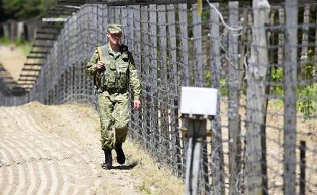 На фото: сотрудник погранслужбы на границе с Польшей.
