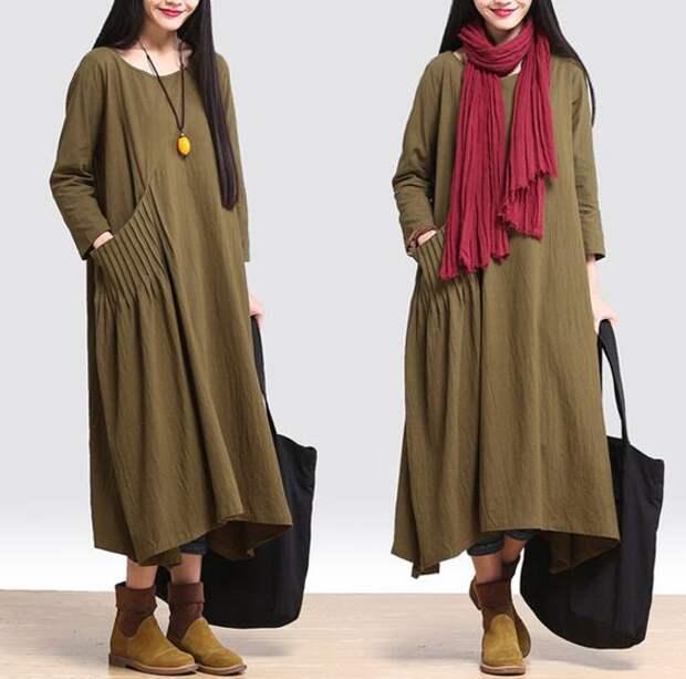 Women loose fitting cotton linen long 3/4 sleeve maxi dress - Tkdress  - 1: 