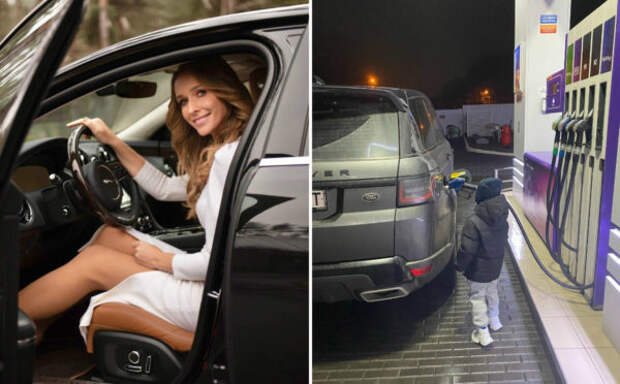 Слева Катя Осадчая в своей новой машине, справа их сын Иван заправляет машину Горбунова