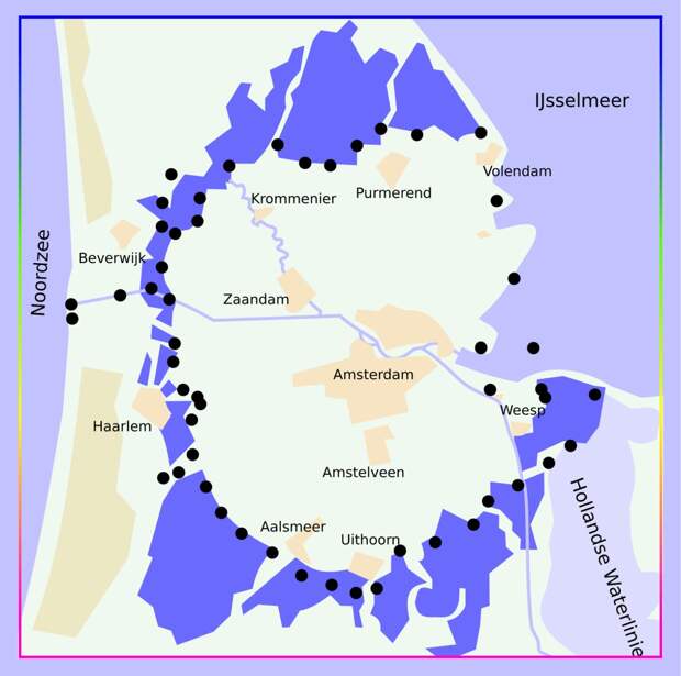 Карта польдеров, подлежащих затоплению вокруг т.н. «Крепости Амстердам», Эйтхорн (Uithoorn) на юге.