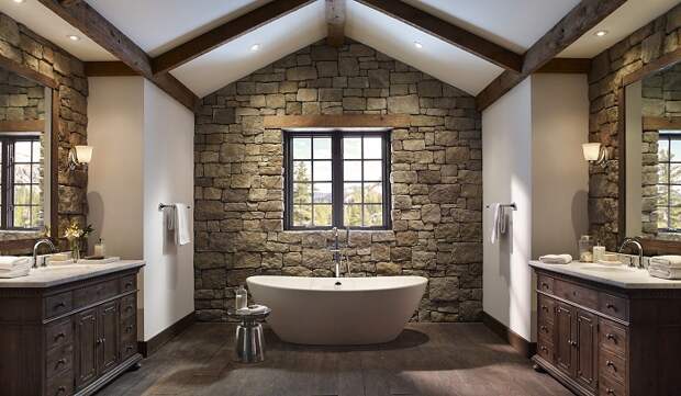 Отличное дизайнерское решение обустроить ванную комнату в деревенском стиле, что создаст невероятную атмосферу.