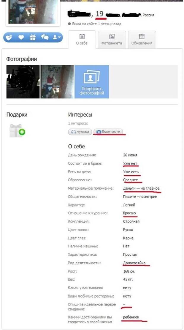 Типичная анкета на сайте знакомств