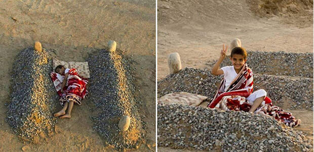Фотография ребенка, спящего на могилах родителей, является постановочной