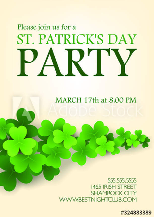 Saint Patricks Day Party invitation layout with irish shamrocks leaves on white 