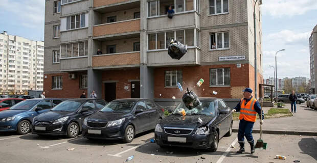 Неизвестные закидали машины и дворника бутылками с высоты