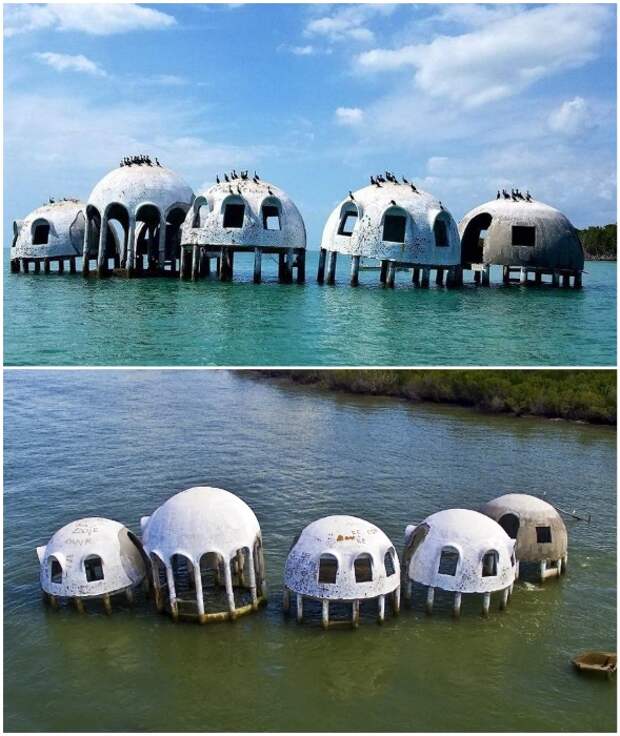 После затопления пять из шести модулей стали жуткой достопримечательностью (Cape Romano Dome House, Флорида). После затопления пять из шести модулей стали жуткой достопримечательностью (Cape Romano Dome House, Флорида).